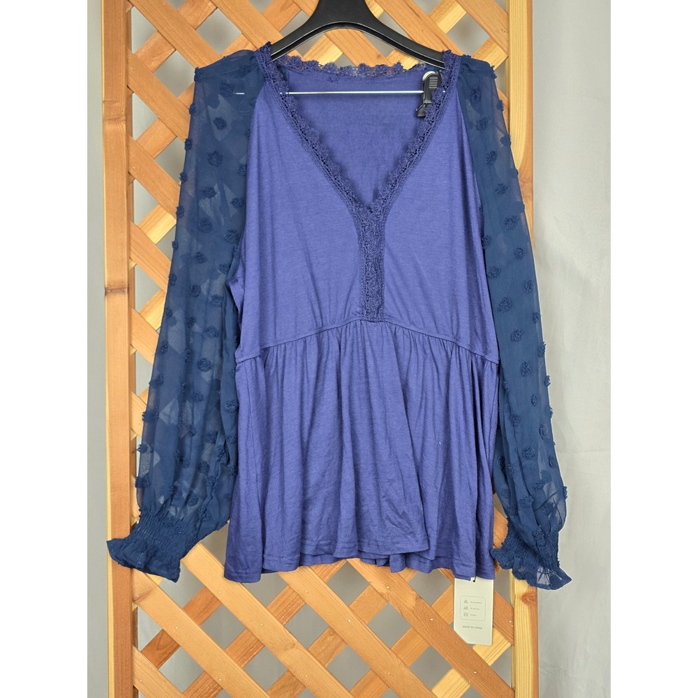 Fashion Swiss Dot Long Sleeve Peplum Blouse Women XL Blue Lace Trim - New